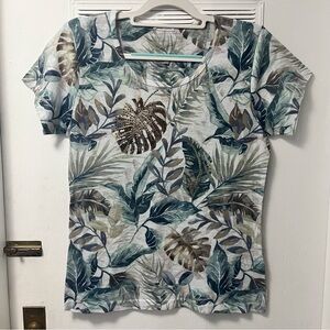 Milano Floral Short Sleeve Round Neck Shirt With Green & Brown Gem Accents